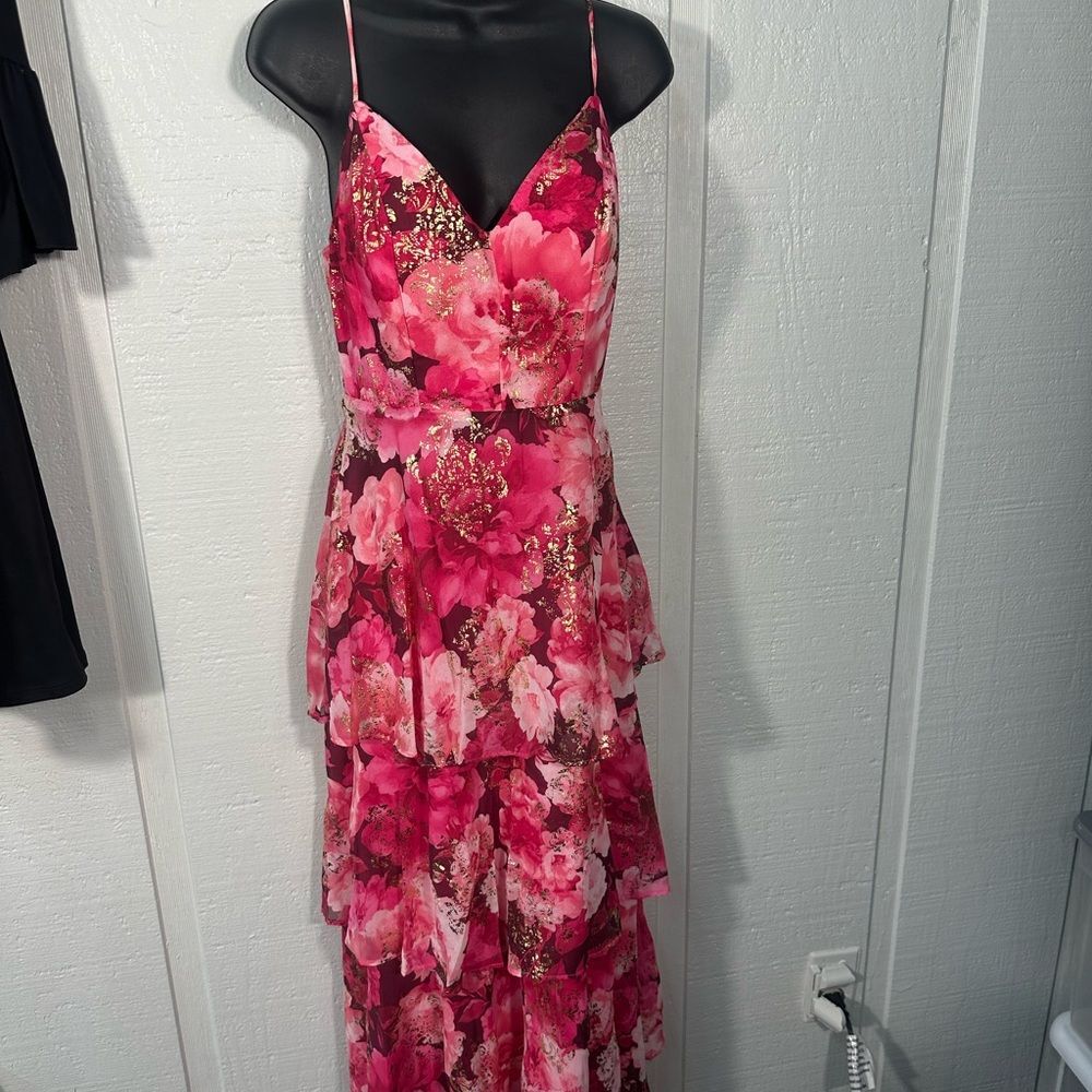 Crystal Doll Juniors' Tiered Pink Floral-Print Lurex Maxi Dress Size 5 EUC - Picture 4 of 9